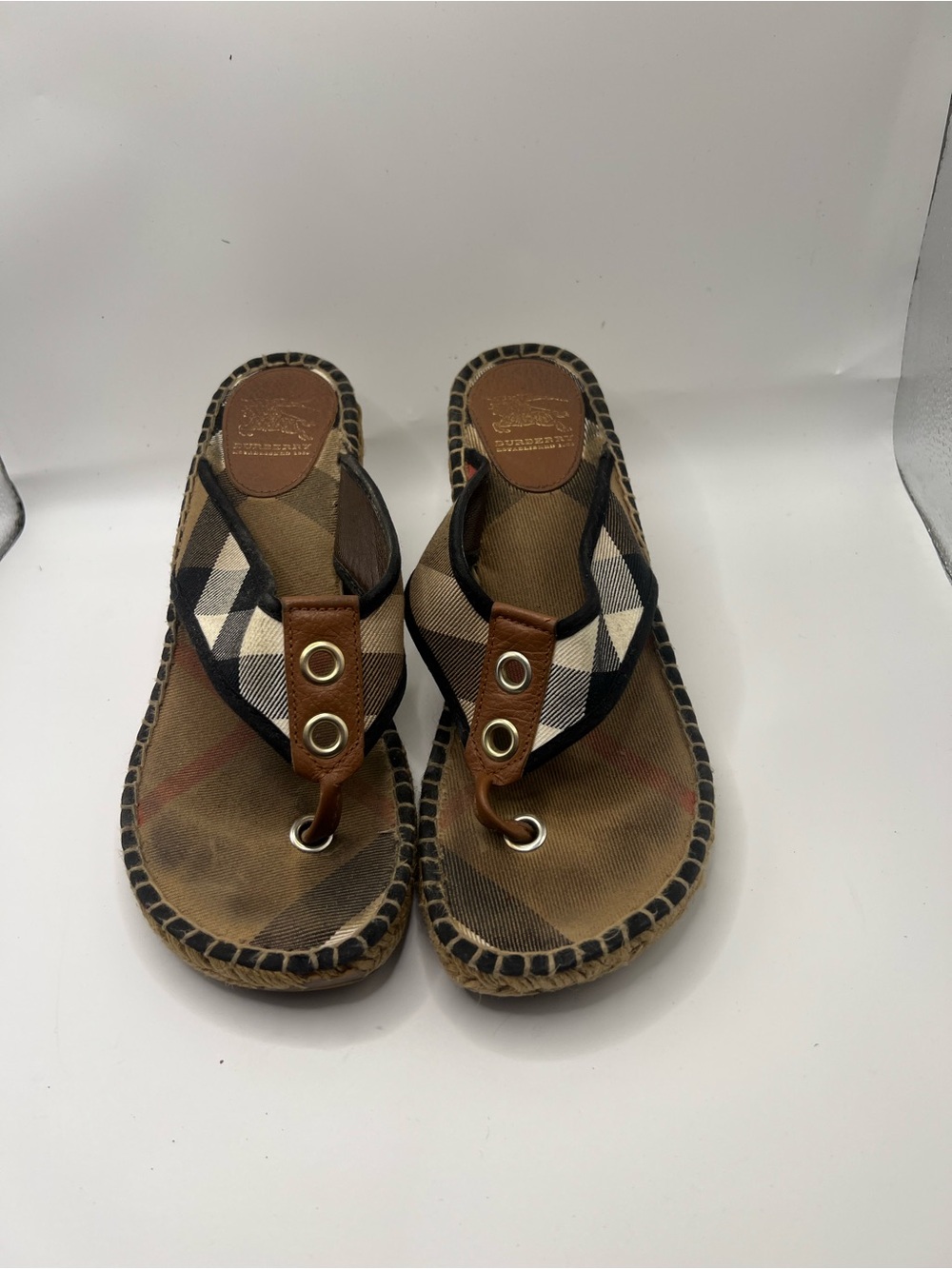 Burberry Tan Brown Plaid Leather-Trim Thong Sandals